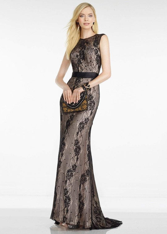 Alyce Paris - 5760 Embellished Lace Jewel Neck Sheath Dress In Black and Brown