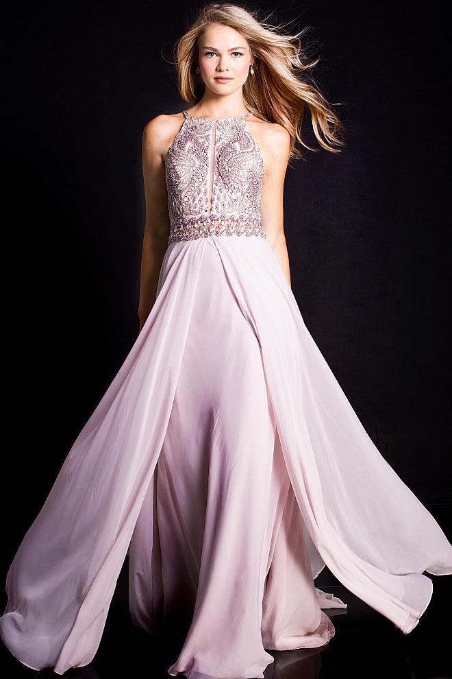 57653 Embellished Halter A-line Dress