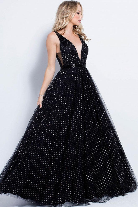 57696 Glitter Embellished Sleeveless Tulle Gown