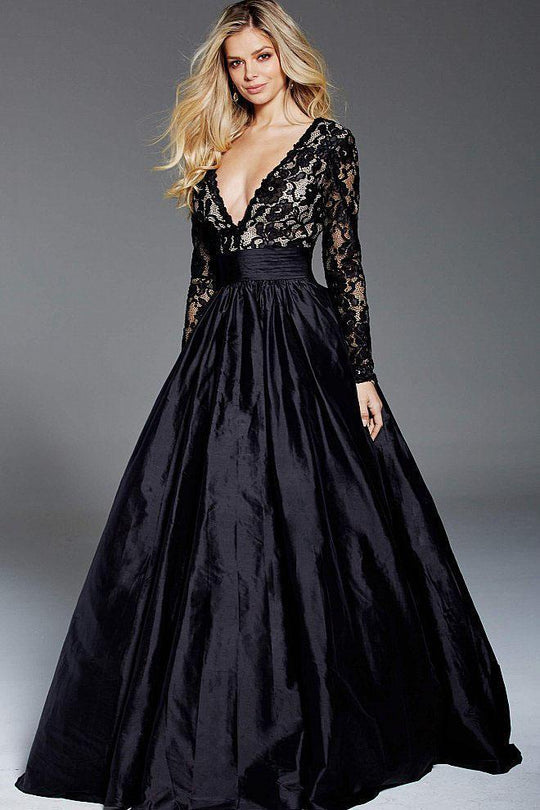 57756 Plunging Long Sleeves Ballgown