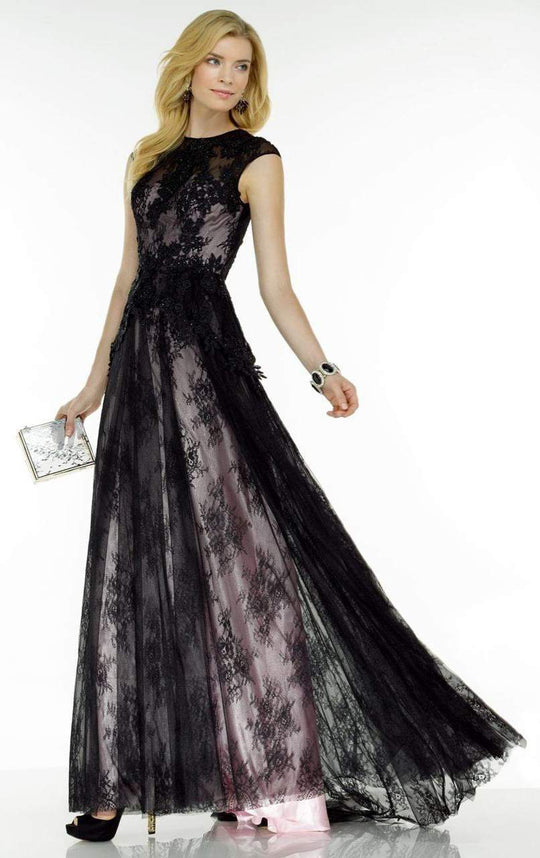 Alyce Paris - 5787 Lace Embroidered Cap Sleeves Evening Dress In Black and Pink