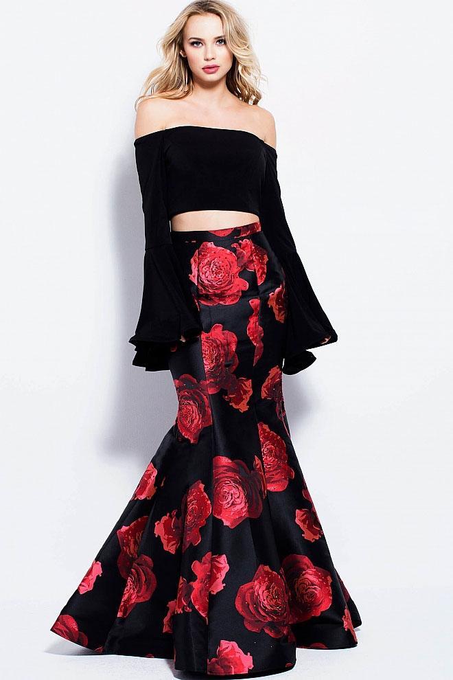 57906 Two Piece Long Bell Sleeve Floral Mermaid Dress