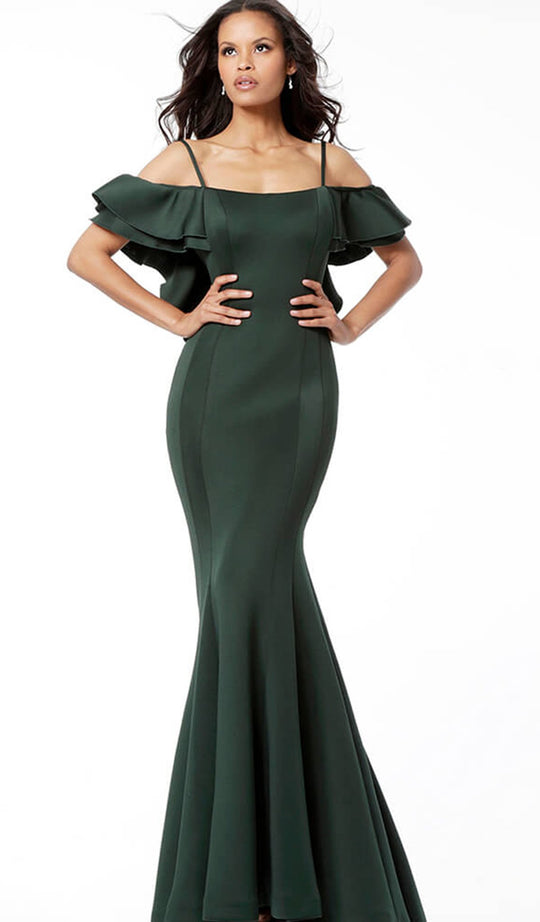 Jovani - 57925 Ruffled Off-shoulder Scuba Mermaid Dress in Green