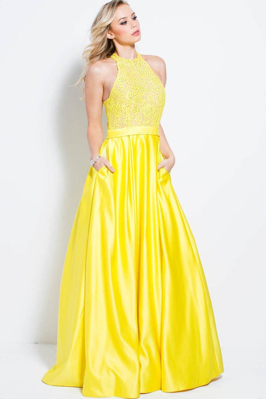 57940 High Neck Floral Ornate Satin A-Line Gown