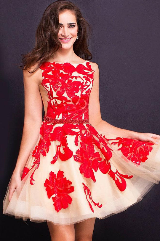 Jovani - Floral Embroidered Sleeveless Short Dress 57950 In Neutral and Red