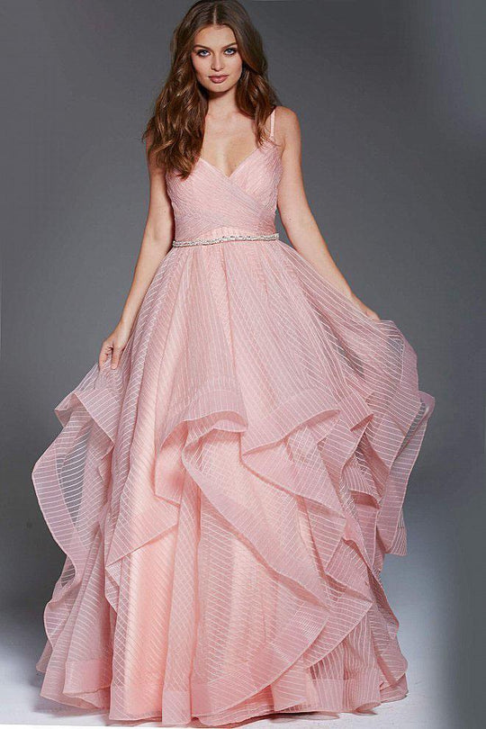 57958 Embellished V-neck Ruffled Ballgown