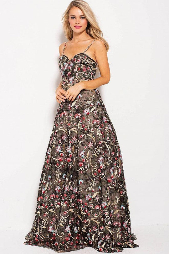 57973 Multicolor Floral Embroidered Sweetheart Prom Gown