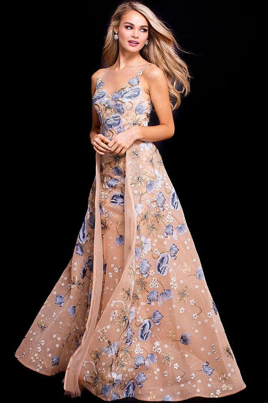 57978 Bateau Illusion Floral Embroidered Prom Gown
