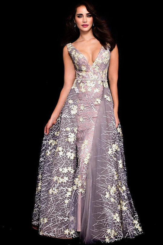 57982 Floral Embroidered V Neck Gown with Overskirt