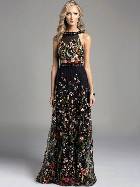 Lara Dresses - Embroidered Halter Illusion A-Line Evening Gown with Beaded Trimmings 33220 in Black and  Multi-Color