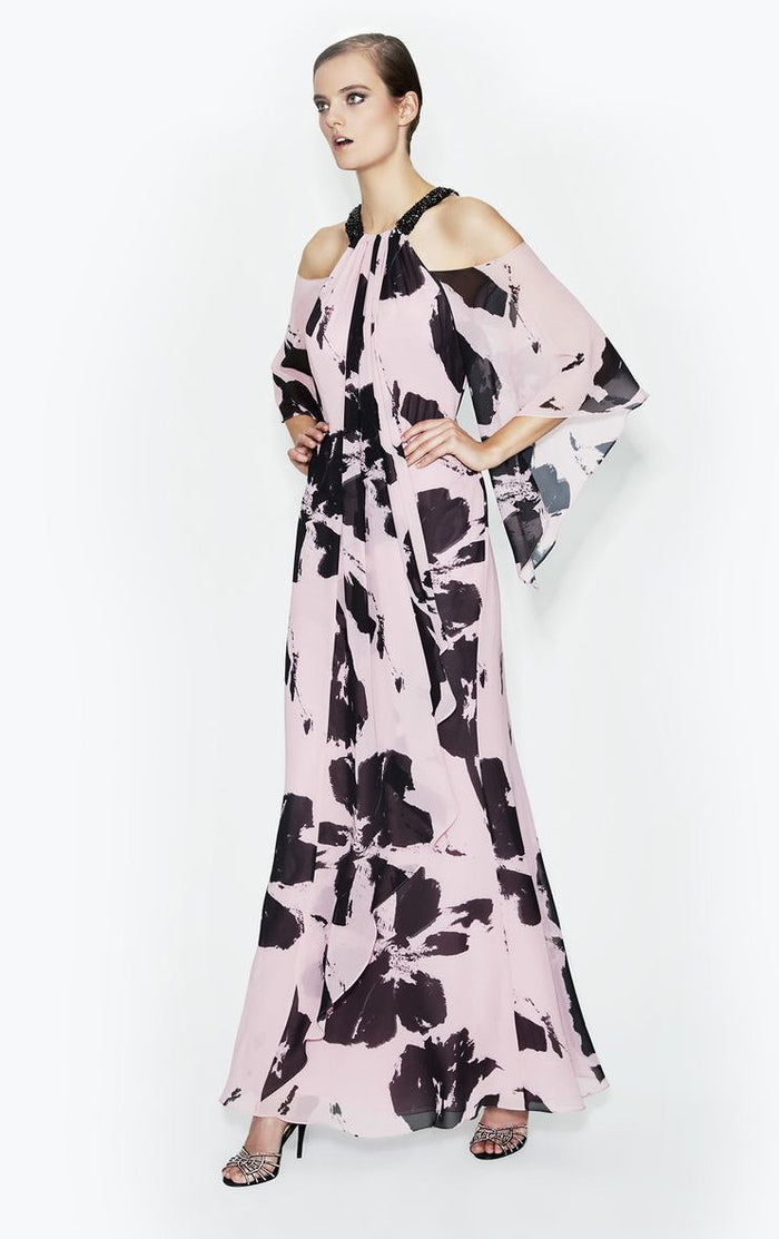 Daymor Couture - Halter Cold Shoulder Floral Dress 580 in Pink