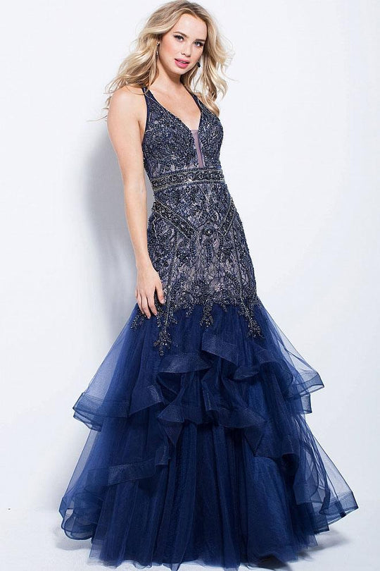 58018 Embellished Deep V-neck Mermaid Dress