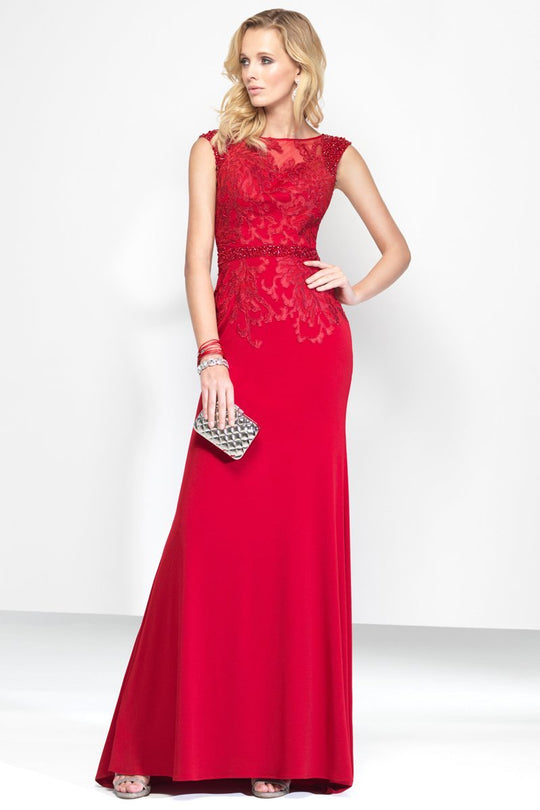 Alyce Paris Black Label - 5801 Jersey Bateau Neck Sheath Dress in Red