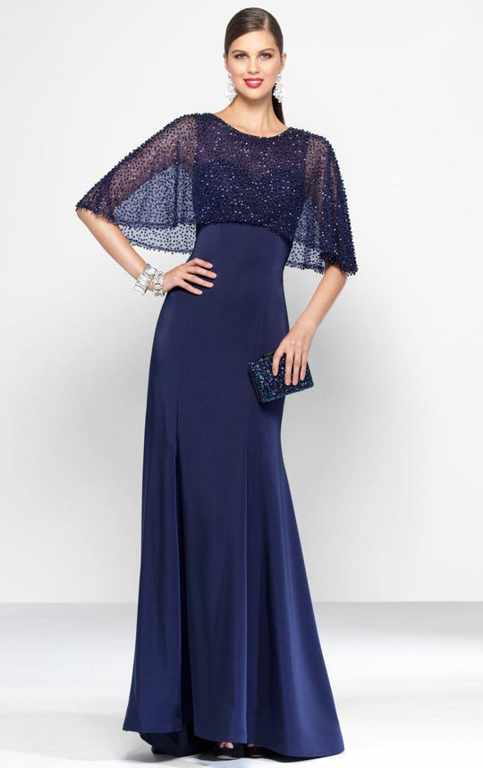 Alyce Paris - 5803 Beaded Capelet Scoop Trumpet Dress In Blue