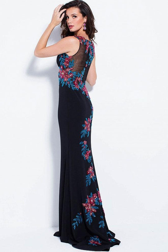 58030 Bateau Multicolored Floral Appliques Fitted Prom Dress