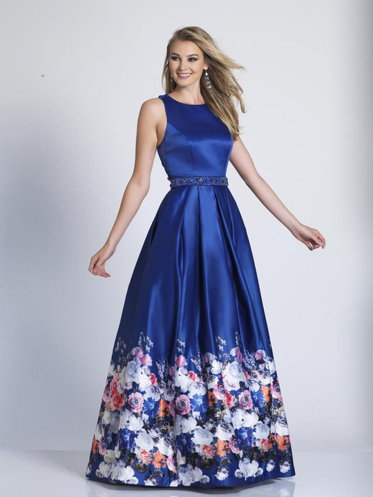 Dave & Johnny - A5804 Sleeveless Floral Print Satin A-line Gown in Blue