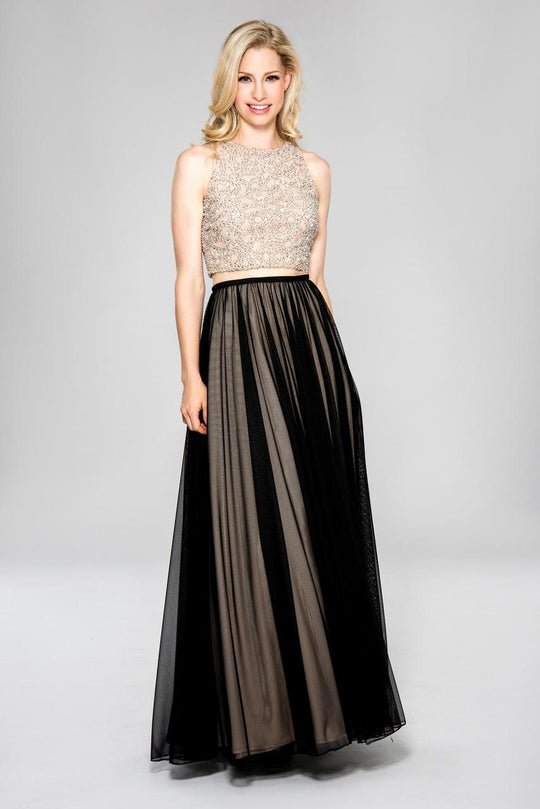 Cachet - Jewel Neckline Embellished Long Dress 58051Z in Black and Neutral