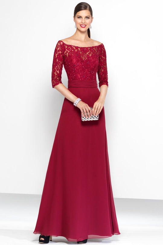 Alyce Paris Black Label - 5807 Off Shoulder Lace Chiffon Evening Gown in Red