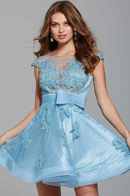 58102 Embroidered Sheer Bow Cocktail Dress