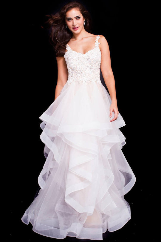 58113 Lace Embellished Ruffle Cascade Gown