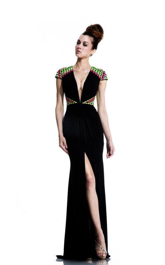 Johnathan Kayne - 581 Multi-Colored Beaded Contrast Long Gown  in Black and Multi-Color