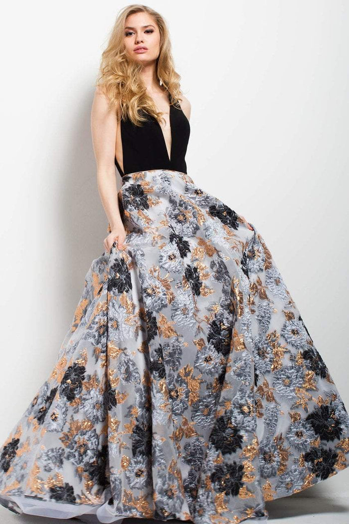 58207 Plunging V-Neckline Printed Ballgown