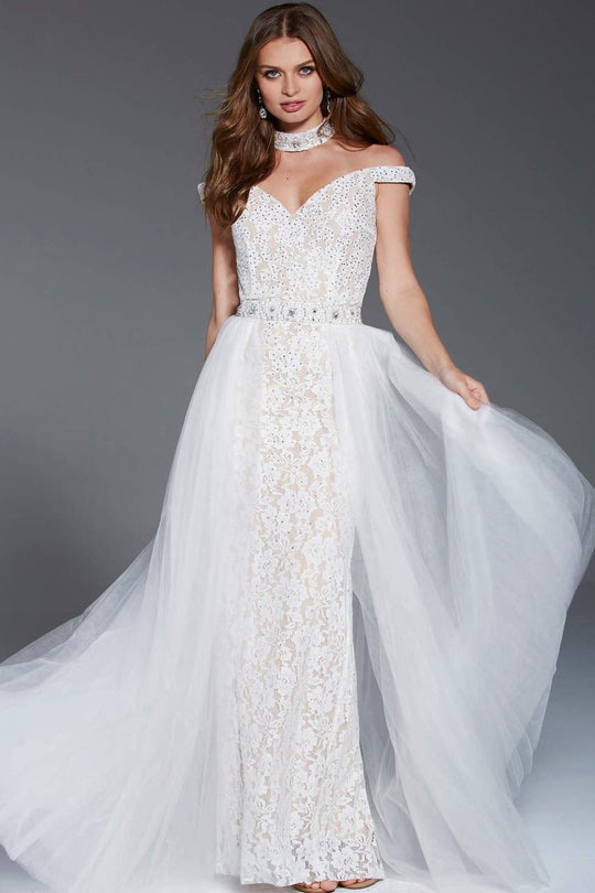 58317 Off Shoulder Bejeweled Lace Overskirt Gown