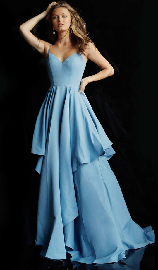 Jovani - 58320 Sweetheart Bodice Asymmetrically Tiered A-Line Gown In Blue