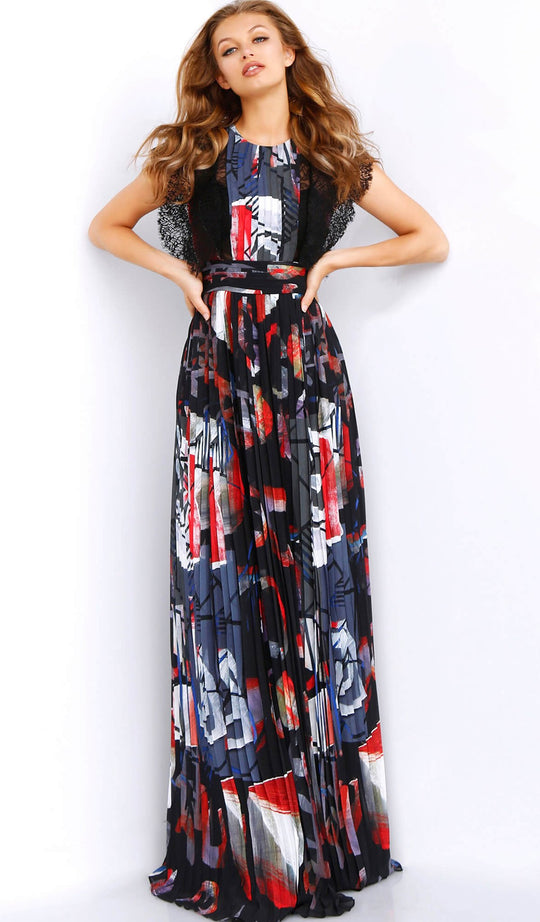 Jovani - 58354 Printed Pleated A-Line Evening Dress In Print and Multi-Color