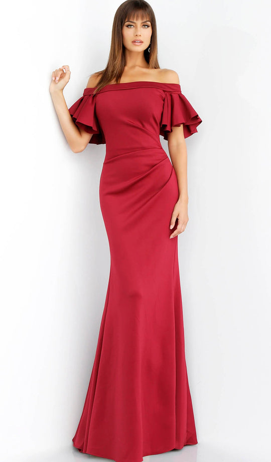 Jovani - 58451 Ruffled Sleeves Off-Shoulder Gown In Red