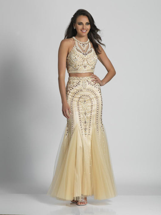 Dave & Johnny - A5854 Two Piece Halter Embellished Evening Gown in Neutral