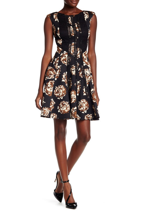 Taylor - Floral Print A-Line Dress 8489M in Black and Print