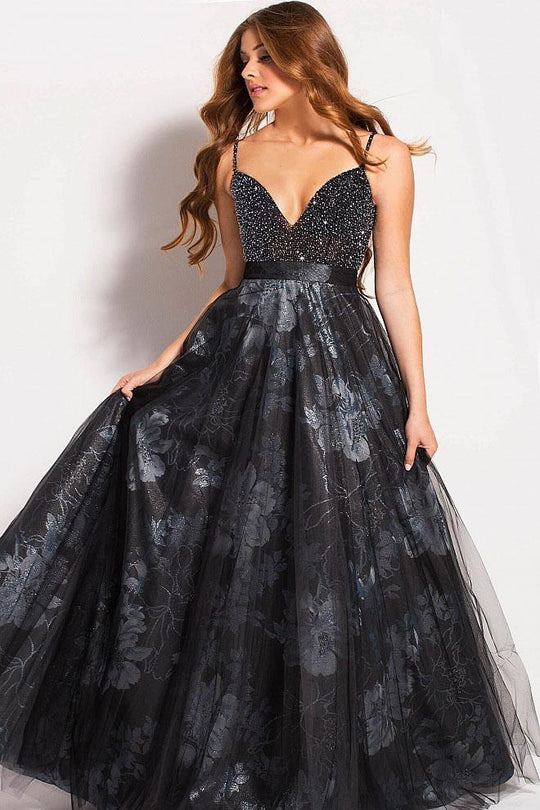 58601 V-Neck Beaded and Floral Embellished Tulle Prom Dress