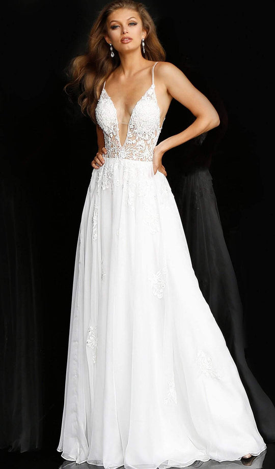 Jovani - 58632 Embroidered Deep V-neck A-line Dress in White