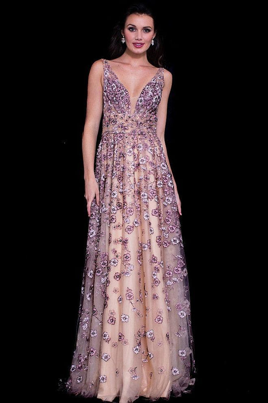 Jovani - Ruched V-Neck Floral Embroidered Evening Gown 58649  in Nude and Pink