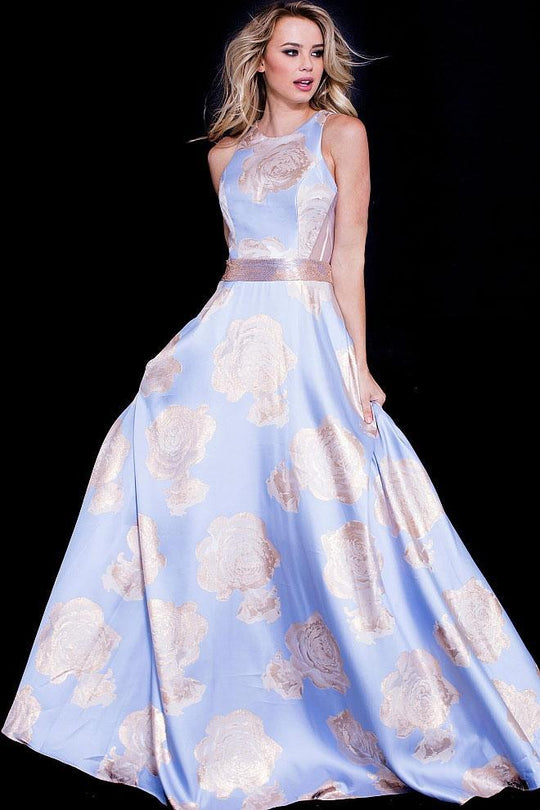 58672 Sleeveless Floral Printed Satin Prom Gown