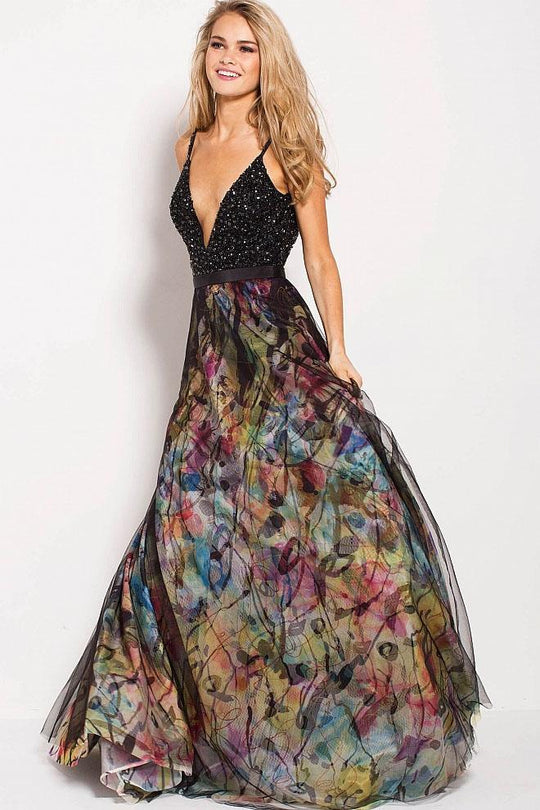 58685 Beaded V Neck Abstract Printed Prom Gown