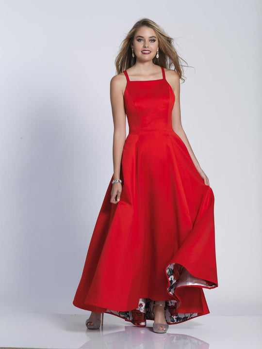 Dave & Johnny - A5869 Sleeveless Square Neck Satin Evening Gown in Red