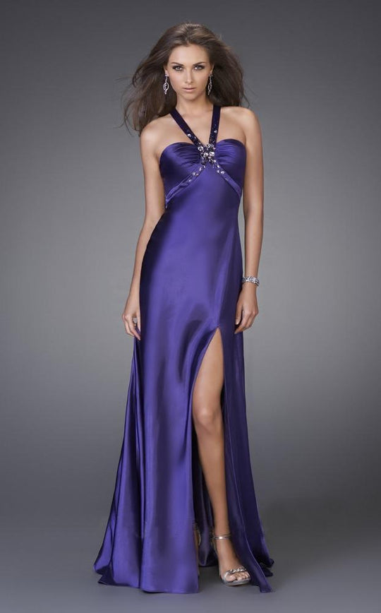 La Femme - 15160 Jeweled Halter Satin A-line Dress in Purple