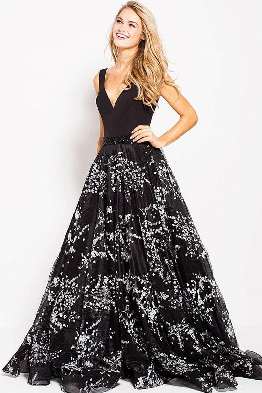 58912 V Neck Floral Print Beaded Satin Prom Gown