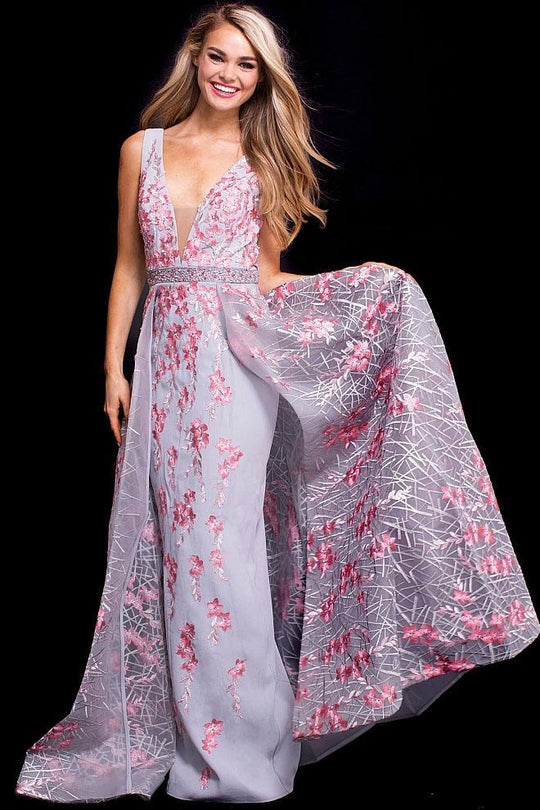 58935 Floral Embroidered Deep V-neck Dress