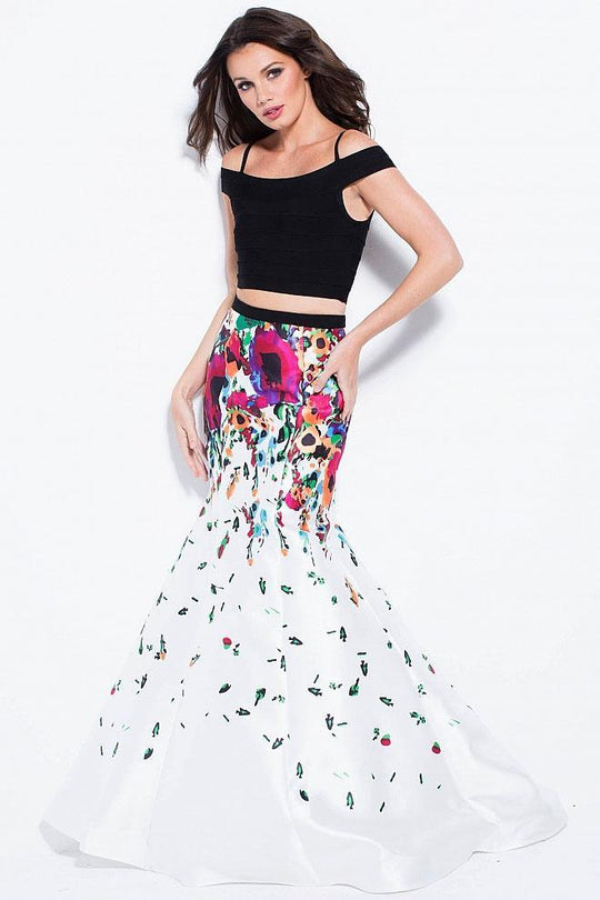 58978 Off the Shoulder Two Piece Floral Prom Gown