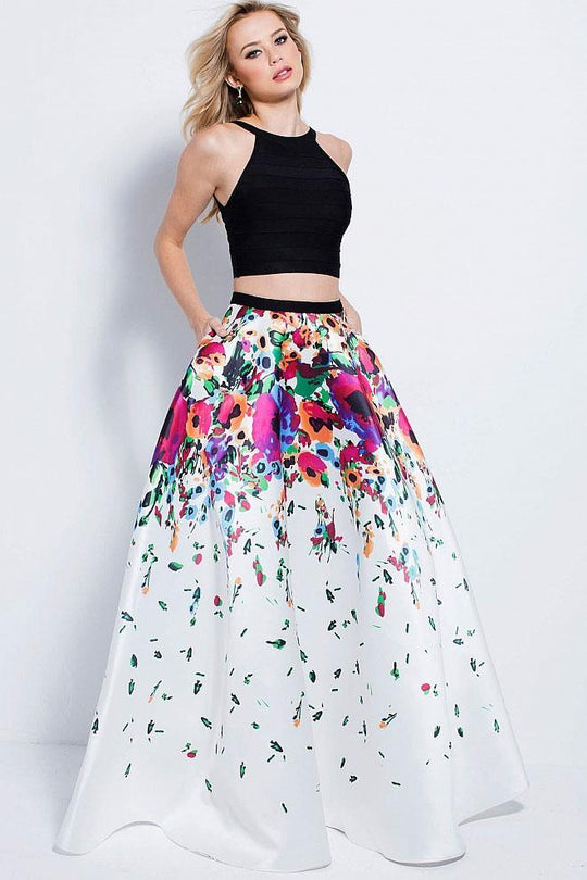 58979 Two Piece Halter Neck Floral Prom Gown