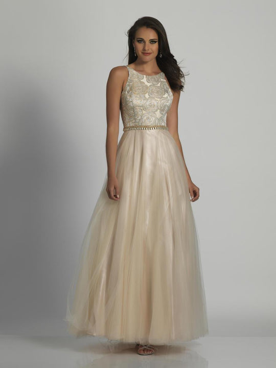 Dave & Johnny - A5899 Sleeveless Floral Print Tulle Evening Gown in Neutral
