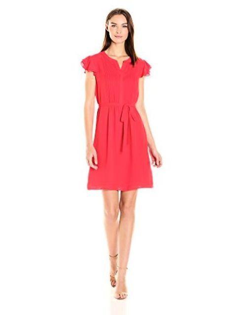 Nine West - 10635810 Chiffon Cap Sleeves Tie Waist Dress in Pink