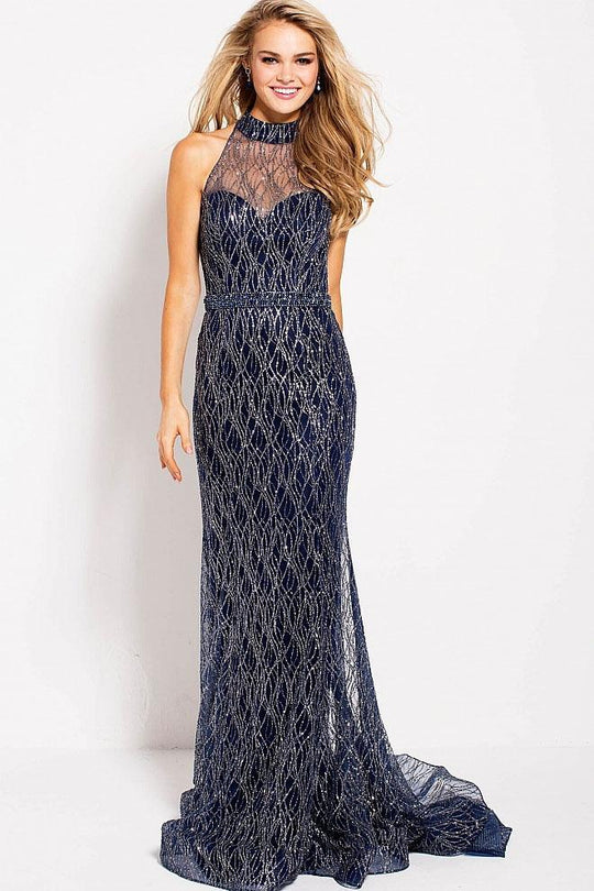 59025 High Neck Sheer Embellished Fitted Dress