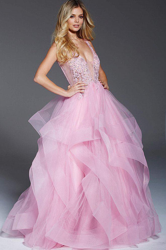 59073 Appliqued Plunging Ruffled Ballgown
