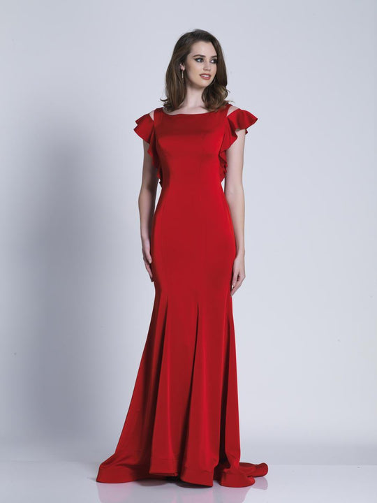 Dave & Johnny - Cutout Ruffled Sleeves Evening Gown A5908 in Red