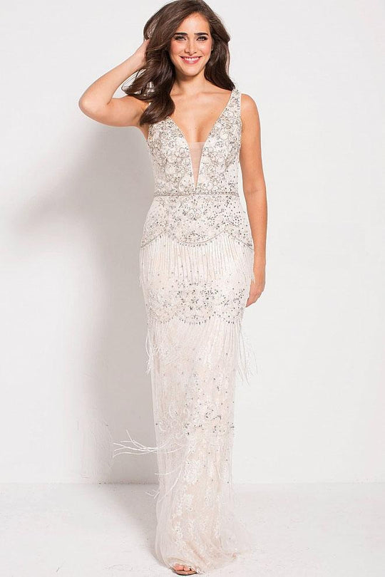 59116 Bejeweled Deep V-neck Sheath Dress