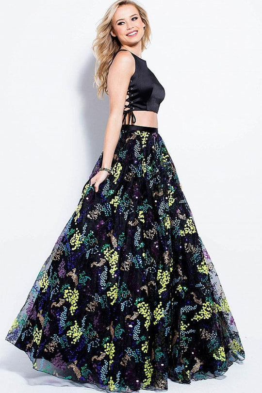 59182 Two Piece Bateau Side Lace Up Prom Gown